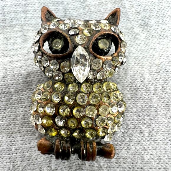 Vintage Rhinestone Encrusted Owl on Branch Brooch 1 Inch - Picture 1 of 6